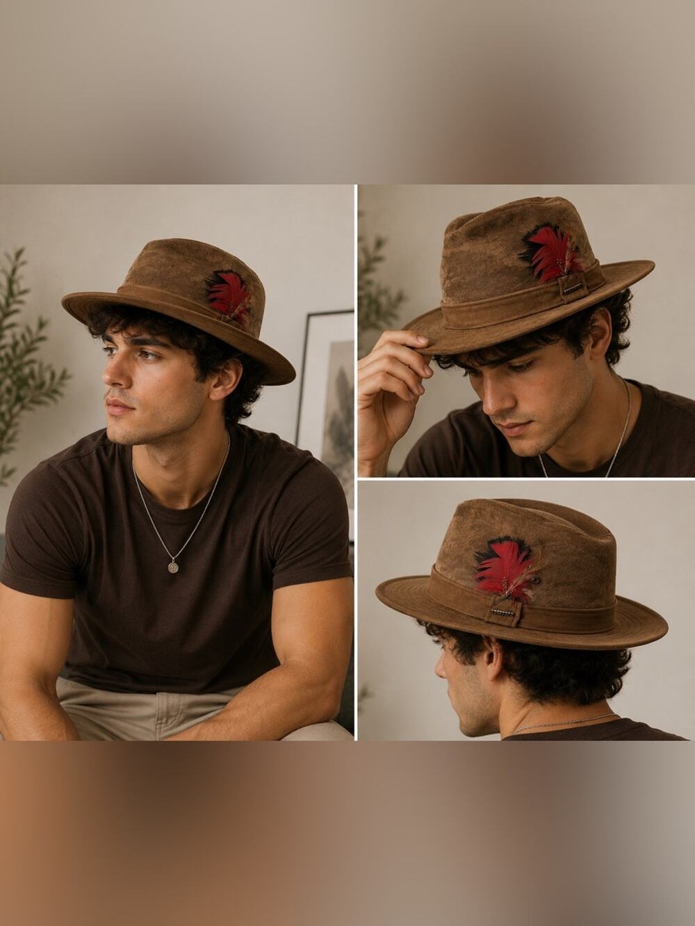 Stetson Brown Suede Fedora Hat Red Feather Accent Large USA Made